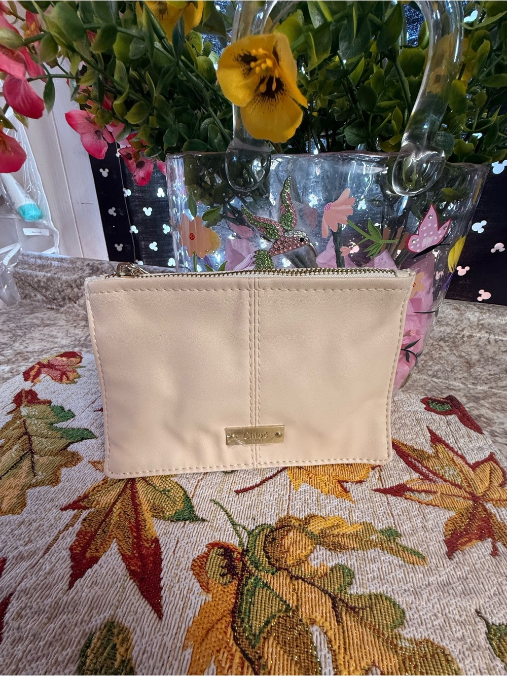 Chloe Cream Zip Cosmetic Pouch with Gold Plaque